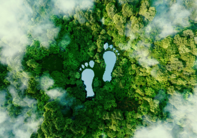 Ein See in Form menschlicher Fußabdrücke inmitten eines üppigen Waldes als Metapher für den Einfluss menschlicher Aktivitäten auf die Landschaft und die Natur im Allgemeinen