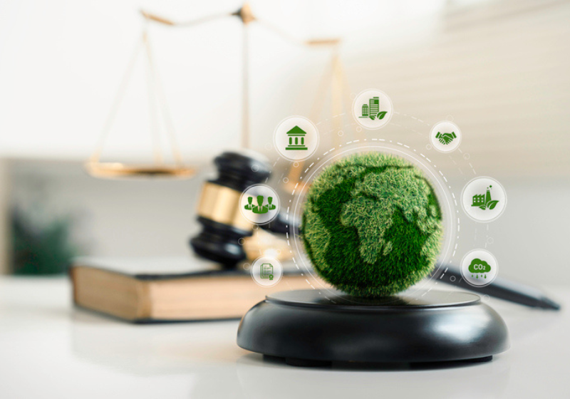 Welt und hölzerner Hammer mit einer goldenen Skala für Recht internationales Umweltkonzept von Unternehmen, Unternehmen und Industrie.